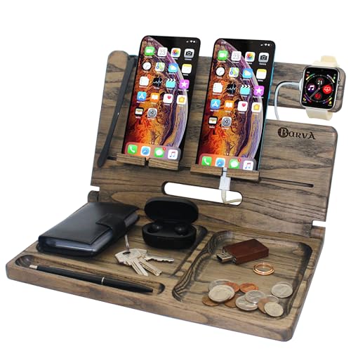 BARVA Gifts for Men Dad Birthday Idea Wood Docking Station 2 Phone Rustic Nightstand Organizer Table Charging Dock Watch Charging Stand Wallet Key Gadget Device Bedside Holder Bedroom Desk Accessories