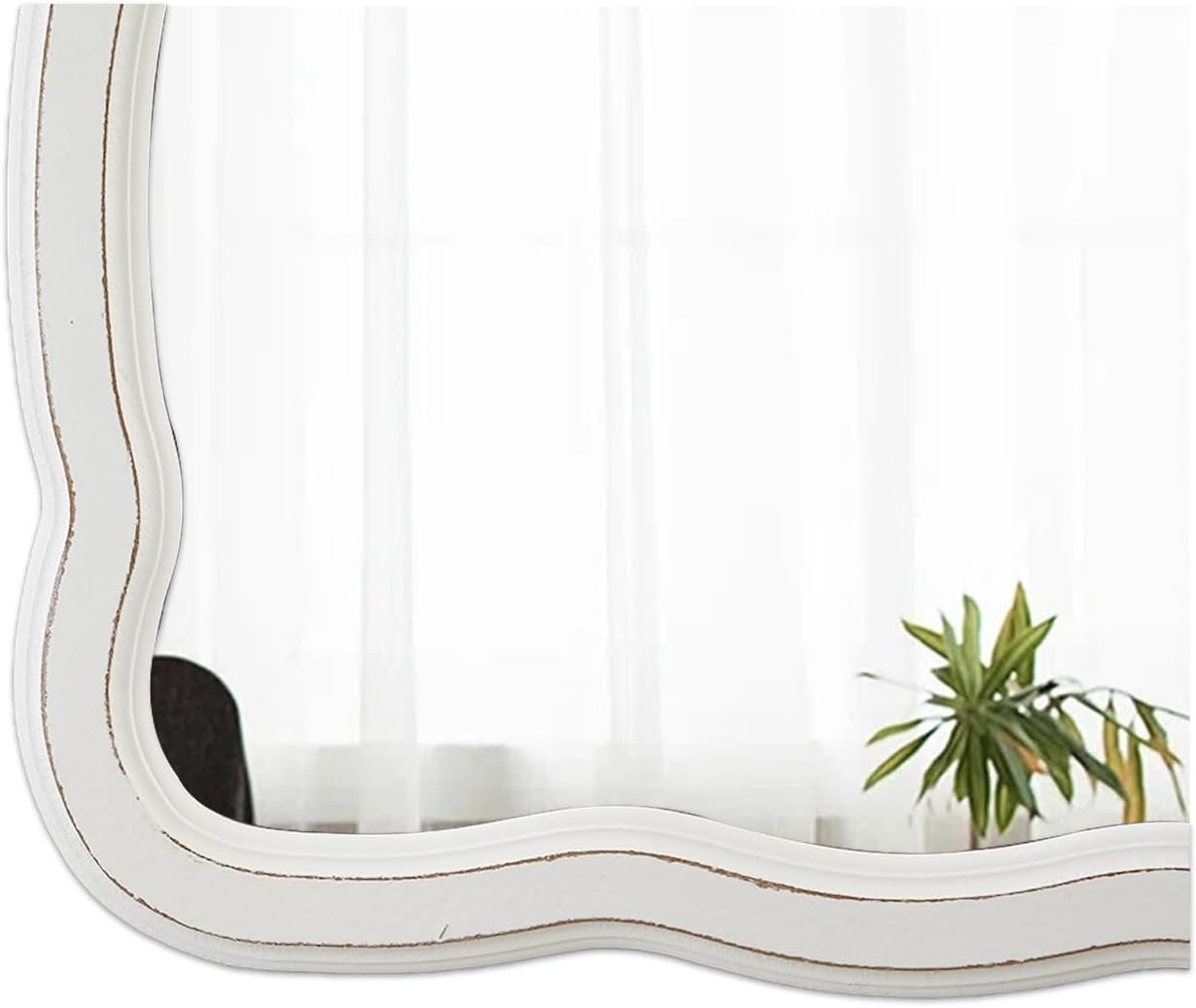 Farmhouse Decorative Scalloped Rectangular Wall Mirror 22 X 30 Inch, Hanging Distressed White Wooden Framed Vintage Wavy Bathroom Mirror Over Sink, Horizontal or Vertical