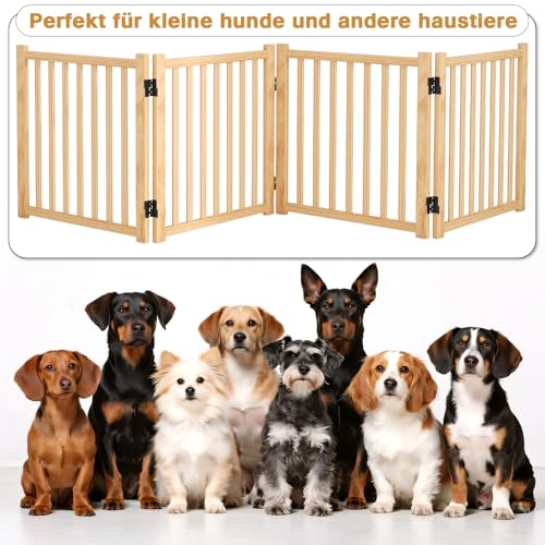 Pshelfy Hundeabsperrgitter aus Holz 4 Paneelen 58cm Höhe - Freistehend & Faltbar, 360° Drehbar für Tür, Treppe, Flur als Welpen-Gitter & Kinderschutzgitter (BxH: 234 cm x 58 cm, Naturholz)