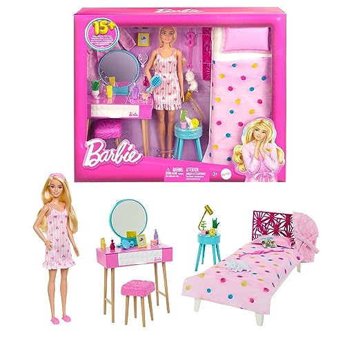 Barbie Schlafzimmer-Spielset - Puppe, Bett, Schminktisch, Kätzchen und 20...