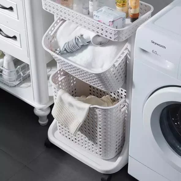 Parasnath Scuttle Laundry Trolley 3 Layers Basket with Wheels (White Colour) Storage Basket Clothes Storage Basket Household Kitchen Shelf With Wheels - Launch Price - Made In India