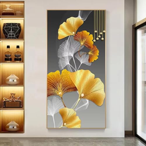 Peinture murale ginkgo doré moderne - Toile abstraite encadrée 25x45 - 2