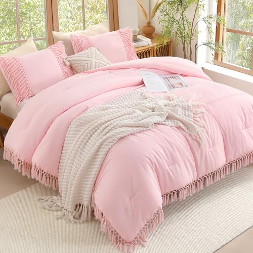 Image of Andency Comforter King Size Set Light Pink, 3 Pieces Boho Tassel Lightweight Fluffy Bedding Comforters & Sets, Soft All Season Bed Set (104x90In Comforter & 2 Pillowcases)