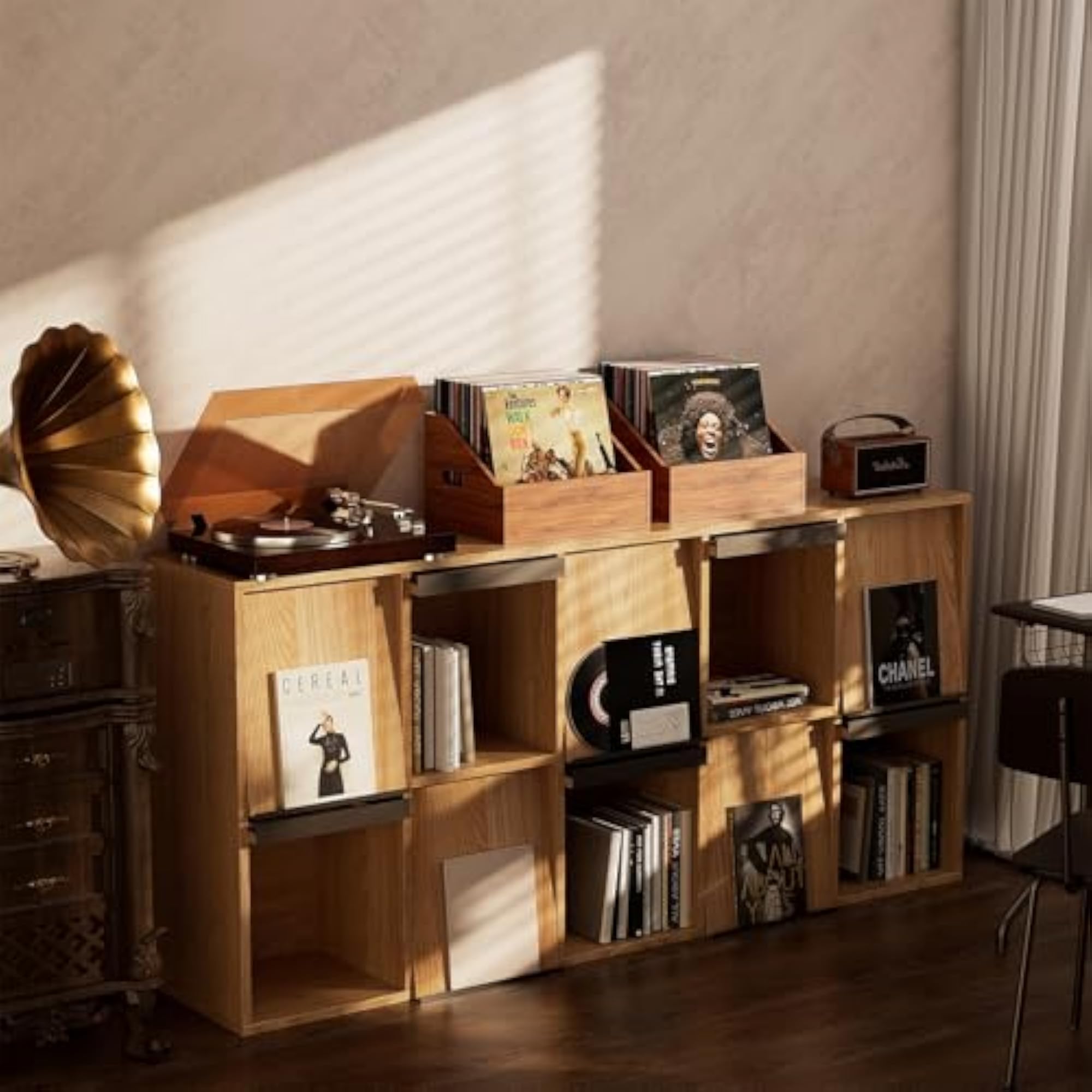 Wood Vinyl Record Storage Crate, Retro Organizer