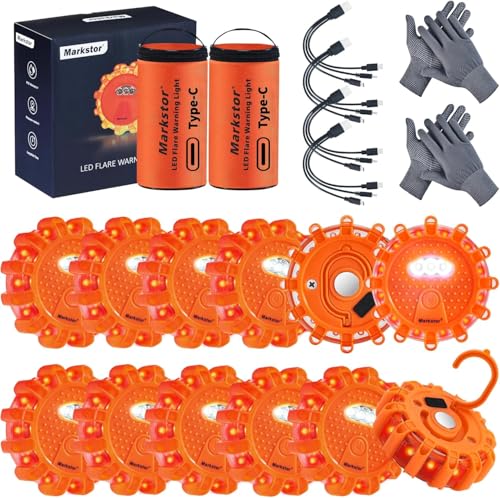 Markstor LED Road Flares 12 Pack Roadside Emergency Car Kit USB Rechargeable (lithium battery) Road Safety Flare Light 9 Flash Modes With Magnet & Hook Safety Beacon Warning Light (12 Pack)