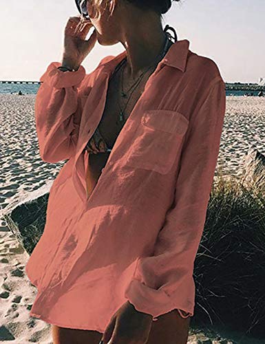 Image of Bsubseach Women Long Sleeve Beach Shirt Blouses Bathing Suit Cover Up Button Down Collar
