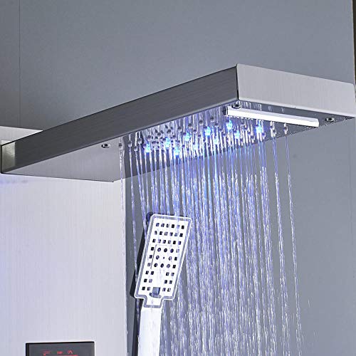 Columna de ducha LED de lujo con efecto cascada, panel de ducha multifuncional con 4 boquillas y pantalla digital miniatura 5