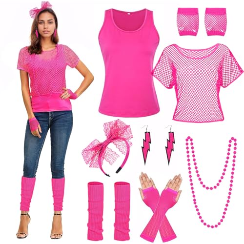 BITOYO Disfarce anos 80 mulher, camisola de rede, colete, faixa para a cabeça, luvas de malha, aquecedores de pernas, Halskette, Ohrring, disfarce anos 80 roupa acessórios para carnaval festas néon (M