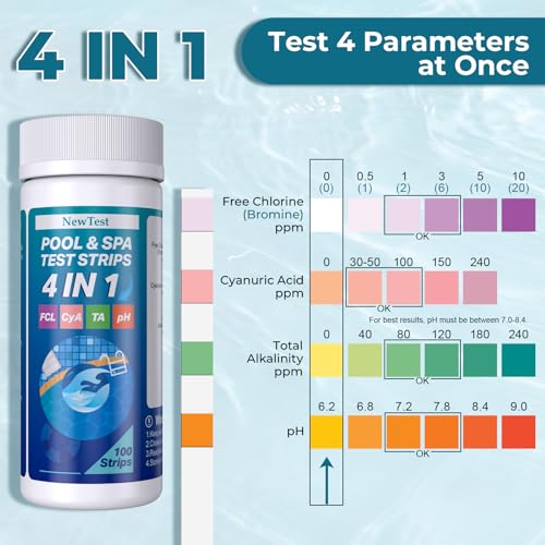 Hot Tub Test Strips: 4 Way Swimming Pool Test Strips for Free Chlorine Bromine & Total Alkalinity & Cyanuric Acid & pH Testing - 100 Quick Accurate Results Spa & Pool Water Test Kit