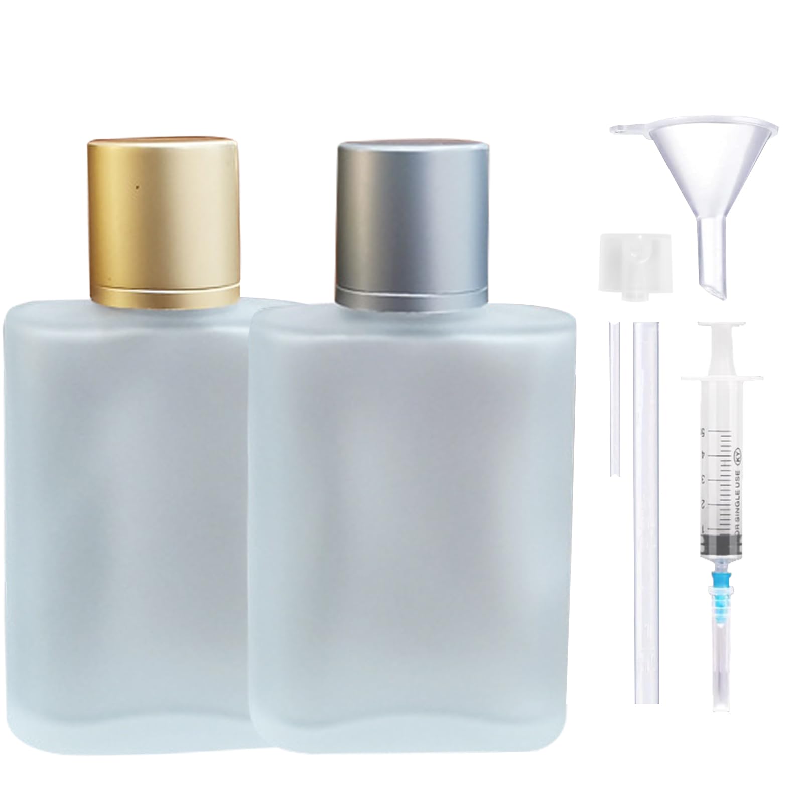 XUSSMM 2 Stücke Parfümzerstäuber, Parfum Flakon leer Parfümflasche Mattiert Zerstäuber Parfüm Glas mit Parfum Zerstäuber、Trichte undGold- und Silberkappen für Datum, Party, Arbeit (30ml, Gold + Grau) Kosmetik