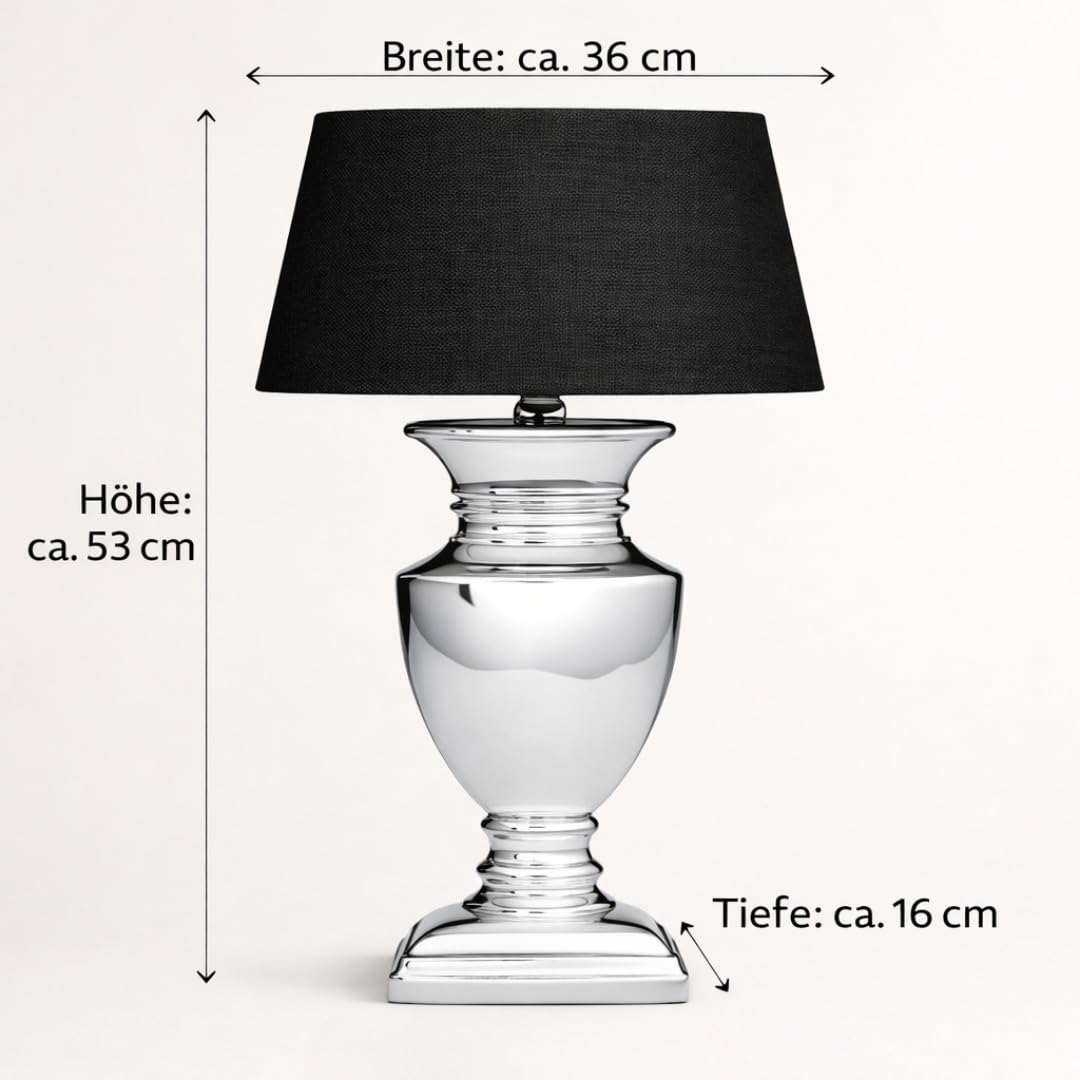 Tischlampe mit Schwarzem Stoffschirm & silbernem Keramikfuß – 53 cm Nachttischlampe mit Kabelschalter – Platzsparende Tischleuchte für Schlafzimmer, Wohnzimmer, Büro – Dekolampe E27, Leselampe