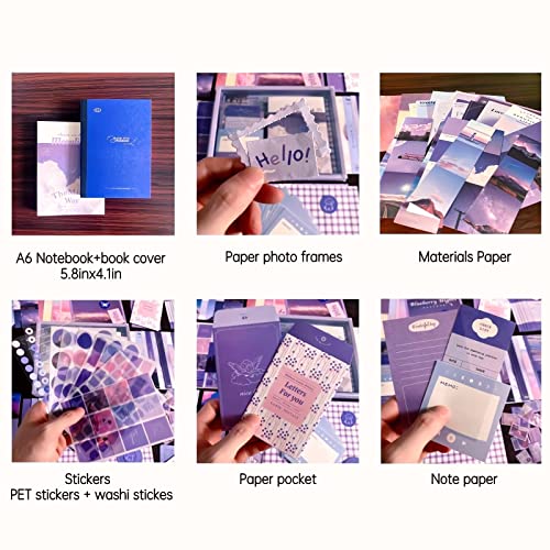 Image of LCLAIDYDY EASTHILL Plastic 348 Pcs Aesthetic Scrapbook Kit,Scrapbooking Supplies Kit, Junk Journal Supplies Kit With A6 Grid Notebook,Bullet Junk Journals For Teen Girl Women (Blue)