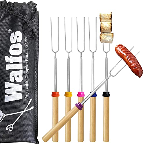 Walfos® Teleskop Grillspieße Edelstahl Marshmallow (6-teiliges Set), Stockbrot Stöcke Roasting Sticks Schaschlikspieße, Lagerfeuerspieße, Grillstab, Grillbesteck Set für...