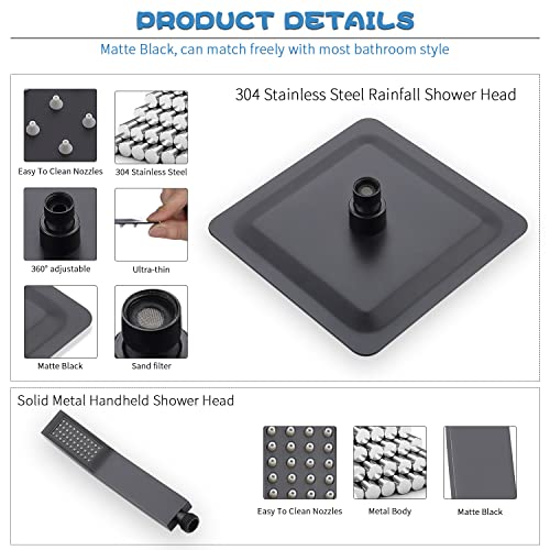 G-Promise All Metal Shower Faucet Set, Dual Square Shower Head System With Handheld Wand & Rainfall Showerhead, Diverter, Hose Complete Combo, Pressure Balance Rough-In Valve Included #TOP4