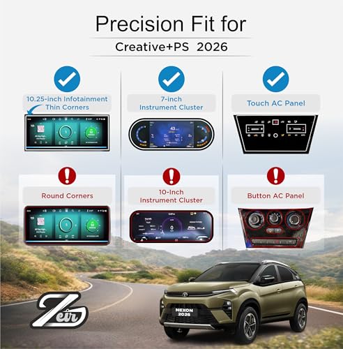 Image of ZEIR [4 PACK Screen Protector For TATA NEXON 2026 Creative+PS 1.2 Peltrol - 10.25 INCH INFOTAINMENT (Thin Corners) + 7 INCH INSTRUMENT CLUSTER + STEERING + AC GUARD [Not Tempered Glass]