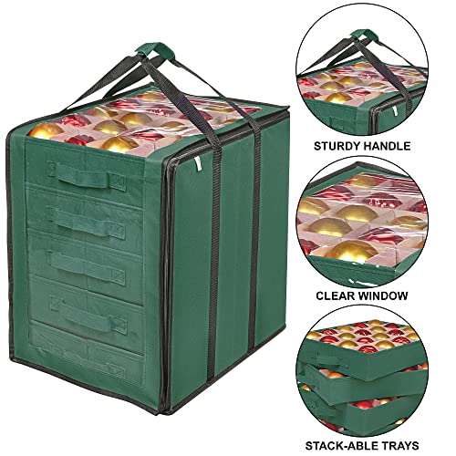 Propik Christmas Ornament Storage Boxes With Dividers - 5 Separate Trays - Ornament Holder - Keeps 100 Holiday Ornaments - Durable Carrying Bag Handles Organizer Storage Box (Green) #TOP2