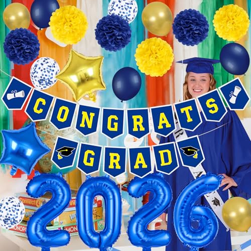 Image of 2026 Graduation Banner Party Decorations Blue and Yellow, Congrats Grad Banner and 2026 Graduation Foil Balloons for Blue and Yellow Congratulations 2026 Graduation Party Decorations
