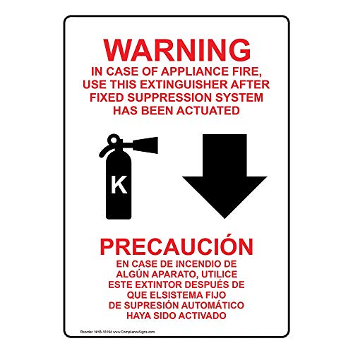 ComplianceSigns.com Warning In Case Of Appliance Fire, Use This Extinguisher (With Down Arrow) Bilingual Label Decal, 10x7 in. Vinyl