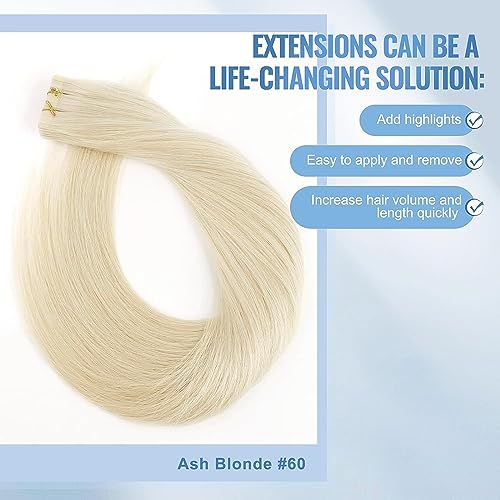 Image of Sixstarhair Invisible Tape In Hair Extensions Real Human Hair Bleached Blonde Remy Tape Hair Extensions Ash Blonde for Woman 20 Pieces 50g [Color #60 22 inch]