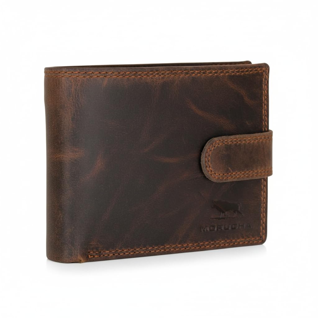 Wallets Men Anti-Theft RFID Blocking Genuine Distressed Hunter Leather Passcase Wallet Money Cards Coin Organiser Purse Gift for Men M80 Dark Brown