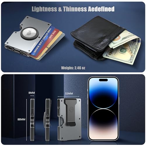 AirTag Wallet for Men, Minimalist Metal Wallets with Money Clip Removable, Front Pocket Aluminum Air Tag Holder, Slim RFID Blocking Credit Card Case, Mens Team Business Gifts, Matte Gray2