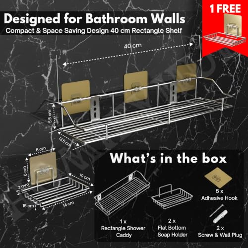 Image of Dueset Bathroom Shelves & Kitchen Organizer Rack | No Drill Stainless Steel Self Adhesive Wall Shelf Combo of 1 Wall Shelf & 2 Stickable Soap Holders with Drain Tray (Silver, Pack of 3)