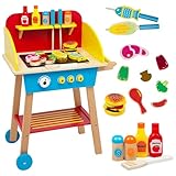 Cook 'N Grill Wooden BBQ Playset- Kids Pretend Play Stand- Wood Toy Barbeque w Food, Condiments & Grilling Tools- 30+ Pieces in All - Fun Indoor Outdoor Activity Set for Playrooms, Daycare Centers