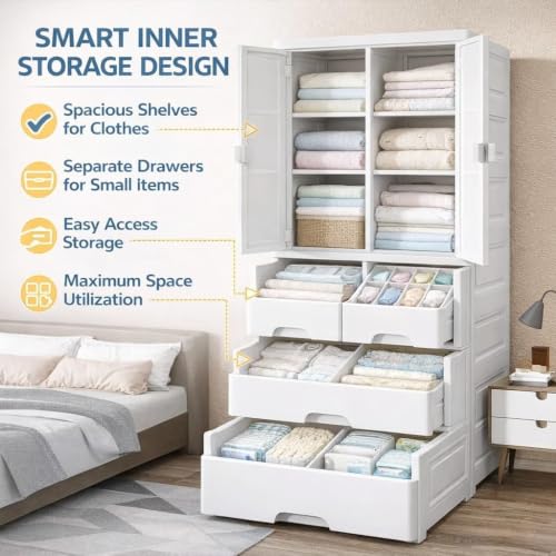 Image of Kids Plastic Collapsible Wardrobe Organizer for Storage with Drawers | Cute Cartoon Design | Heavy Duty Runner Rug Floor Mat Carpets Organizer Bedroom, Living Room (HSM-Bear, 1+4-Door)