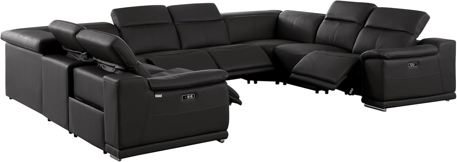 BlackJack Furniture Venice 8-Piece Top Grain Italian Leather Sectional Reclining Sofa Set with 4 Power Recliners, Adjustable Headrests, USB and Wireless Phone Charger, Black