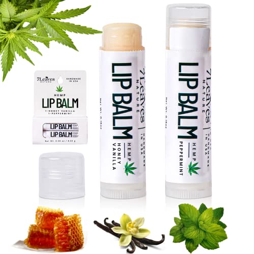 7leaves Nature Hemp Lip Balms 2 Pack, Peppermint and Honey Vanilla Flavored Lip Balm, Moisturizing Lip Balm with Beeswax, Coconut Oil, Aloe Vera, Vitamin E, Handmade in USA for Men Women Children
