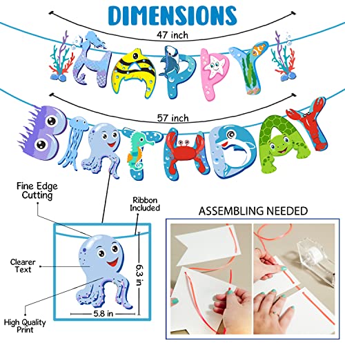 Image of Zyozique 37 Piece Ocean Theme Party Decoration,Under The Sea Happy Birthday Paper Banner Balloons Cake and Cup Cake Toppers Kit, Underwater Animals Sign Party Supplies
