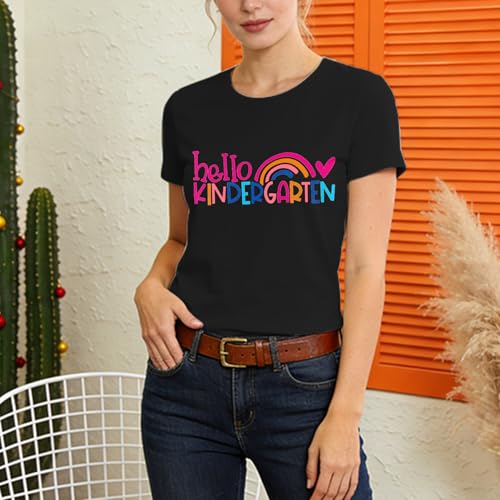 Image of Kindergarten Teacher Shirts for Women-Rainbow Heart Short Sleeves | Cute Back to School Shirt Great for Preschool Educators Classroom Daily Work First Day Celebration Events