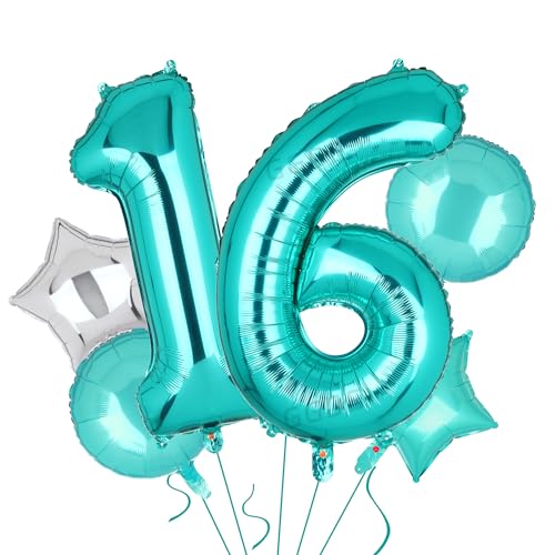 Image of Teal Blue Number 16 Balloons 40 Inch 16th Birthday Anniversary Theme 5 Pcs | Big Helium Mylar Digital Balloon Mermaid Wedding Party Decor Supplies