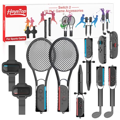 HEYSTOP Sport Zubehör Set für Nintendo Switch 2 Controller, 10-in-1-Spielzubehör-Bundle Set mit Golf Club, Tennisschlägern und Weiterem Sportspiel-Zubehör für Familien und Freundespartys