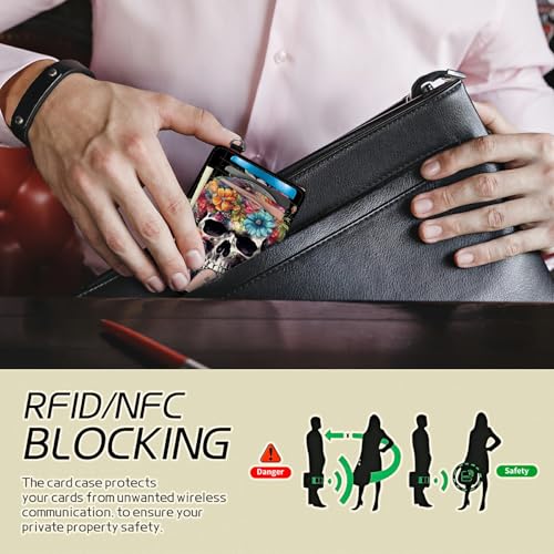 Image of Small Travel Wallets, Sugar Skull Flowers Slim Minimalist Front Pocket Wallet with Wristlet, RFID Blocking PU Leather Credit Card Holder with ID Window Change Purse for Men Women