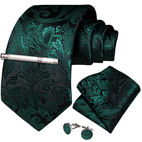 Image of DiBanGu Silk Floral Ties for Men Woven Paisley Necktie and Tie Clip Handkerchief Cufflinks Set for Party Wedding