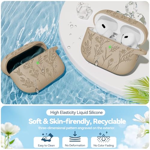 Image of for Apple AirPods Pro 2nd /1st Generation, Soft Silicone Flower Engraved AirPods Pro 2 Gen Protective Case Cover for Women Airpod Case with Clean Kit,Carabiner,Front LED Visible,Sand Powder
