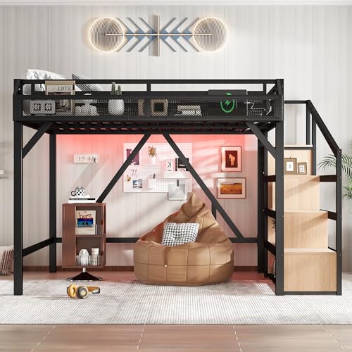 Bellemave Queen Loft Bed with Storage Stairs Shelves & Wardrobe Metal Queen Size Loft Bed Frame with USB Ports and LED Lights Heavy Duty Loft Bed for Adults No Box Spring Needed Black & Natural