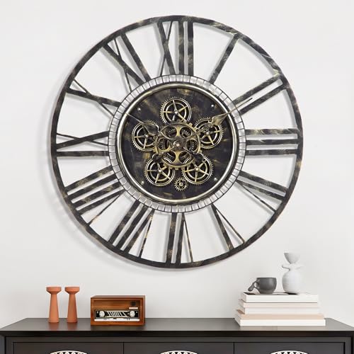 Maxstar Grande horloge murale à engrenages mobiles pour décoration de salon, vintage industriel, steampunk - Horloge murale décorative en métal pour la...