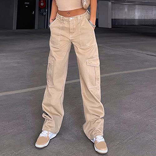 Huankd Grunge Pants, Joggers For Women, Women's Cargo Pants Women's Camo Joggers Baggy Pants Streetwear Hip Hop Joggers Sweatpants Casual Loose Wide Leg Trousers Pants Corduroy High (M, Khaki) #TOP1