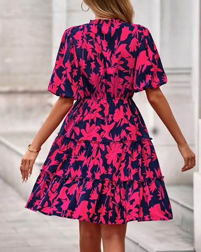 Image of BTFBM Women Summer Floral Short Dresses V Neck Short Sleeve Tiered Ruffle Boho Swing Dress A-Line Mini Dresses