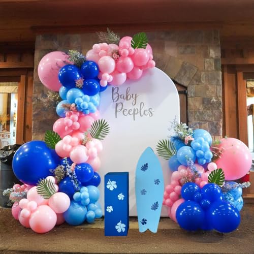 PartyXpress 155PCS Blue Pink Balloon Arch Garland Kit with Tropical Leaves for Baby Shower Gender Reveal Angel Theme Birthday Decorations Hawaiian or Summer Party