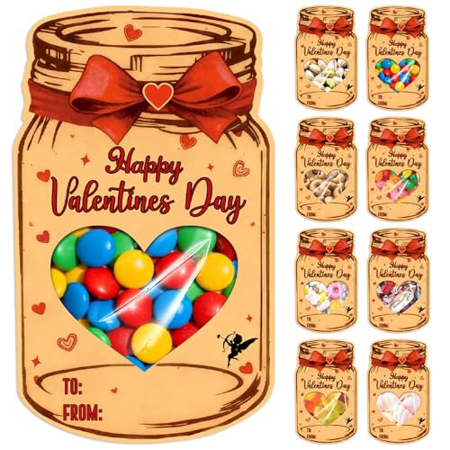 Diltik Valentine’s Day Cards for Kids, 48 Pack Mason Jar Valentine Cards with Heart Window and Treat Bags, DIY Classroom Exchange Cards for Boys and Girls School Party Favors (Candy Not Included)