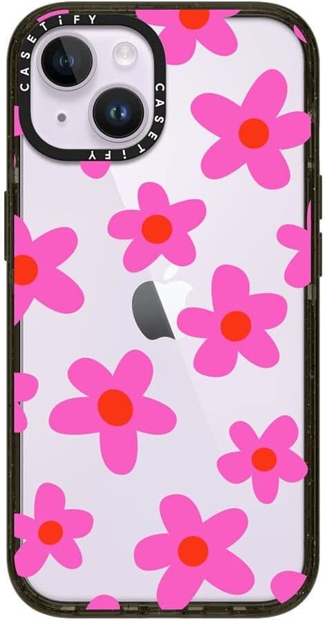 CASETiFY Impact iPhone 14 Case [4X Military Grade Drop Tested / 8.2ft Drop Protection] - Bold Retro Seventies Flowers in Pink - Glossy Black