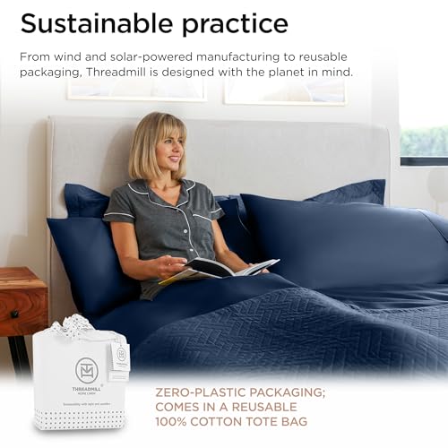 Image of Threadmill 100% Cotton Sheets for Cal King Size Bed - 600 Thread Count Cal King Bed Sheets Set with 16 inch Deep Pocket - Sateen Weave 4-Piece Bedding Set with Cooling Effect, Folkstone Blue