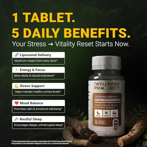 Image of The Wellness Project (TWP) Liposomal KSM-66 Ashwagandha 600mg (Root-only Extract) - 2-Month Supply | Supports Calm, Energy & Relaxation | Comes with Certificate of Analysis | Pack of 60 Tablets