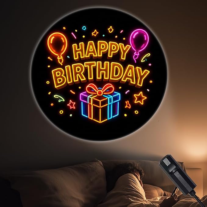 Portable Projector Lamp USB Powered with Festive Happy Birthday Elements Balloons Box Stars for Party Atmosphere Creation
