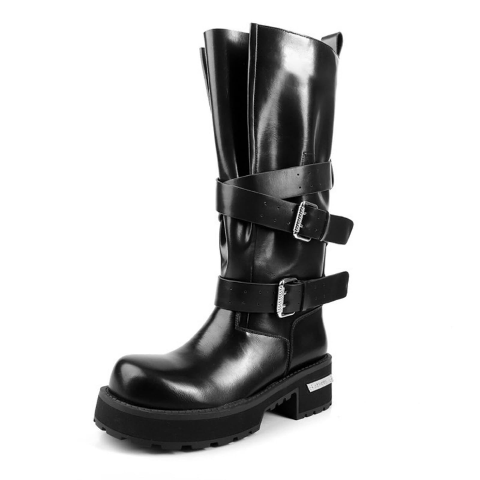 Goolita Womens Platform Knee High Boots Round Toe Chunky Heels Combat Boots Buckle Strap Wide Calf Biker Moto