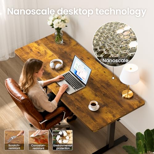 Image of Veken 55 Inch, Height Adjustable Sit Stand Up, Wood Desktop, Work Home Office Computer PC Table, Tall Standup Workstation, Gaming Writing Study Bedroom Rising Desks, Brown