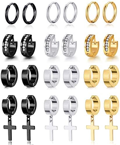Ofeiyaa 12 Pairs Stainless Steel Small Hoop Earrings Set Huggie Earrings CZ Inlaid Cross Dangle Hinged Earrings Stud Earrings for Mens Women Silver Black Gold Tone